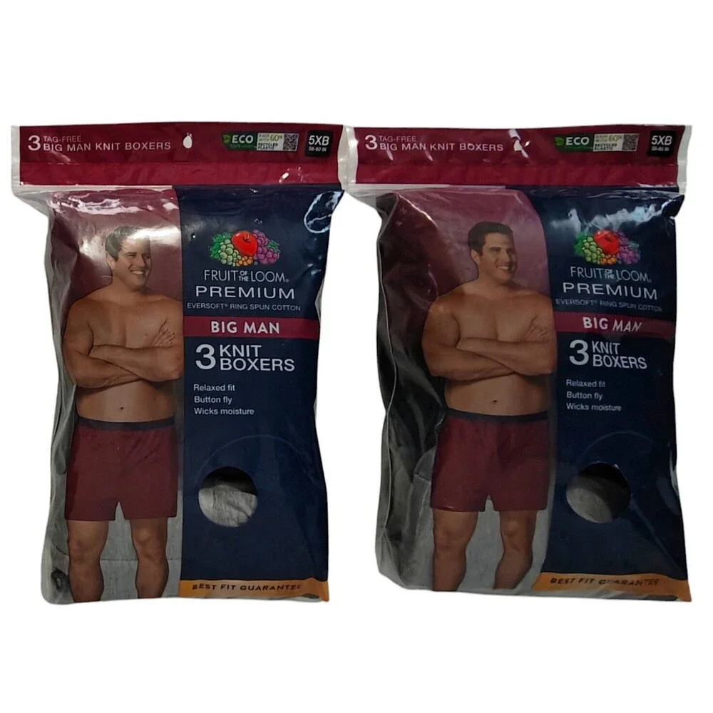 NEW 5XB Cotton Knit Boxers Fruit Of The Loom 6 Pairs Tag Free Big Man 58-60